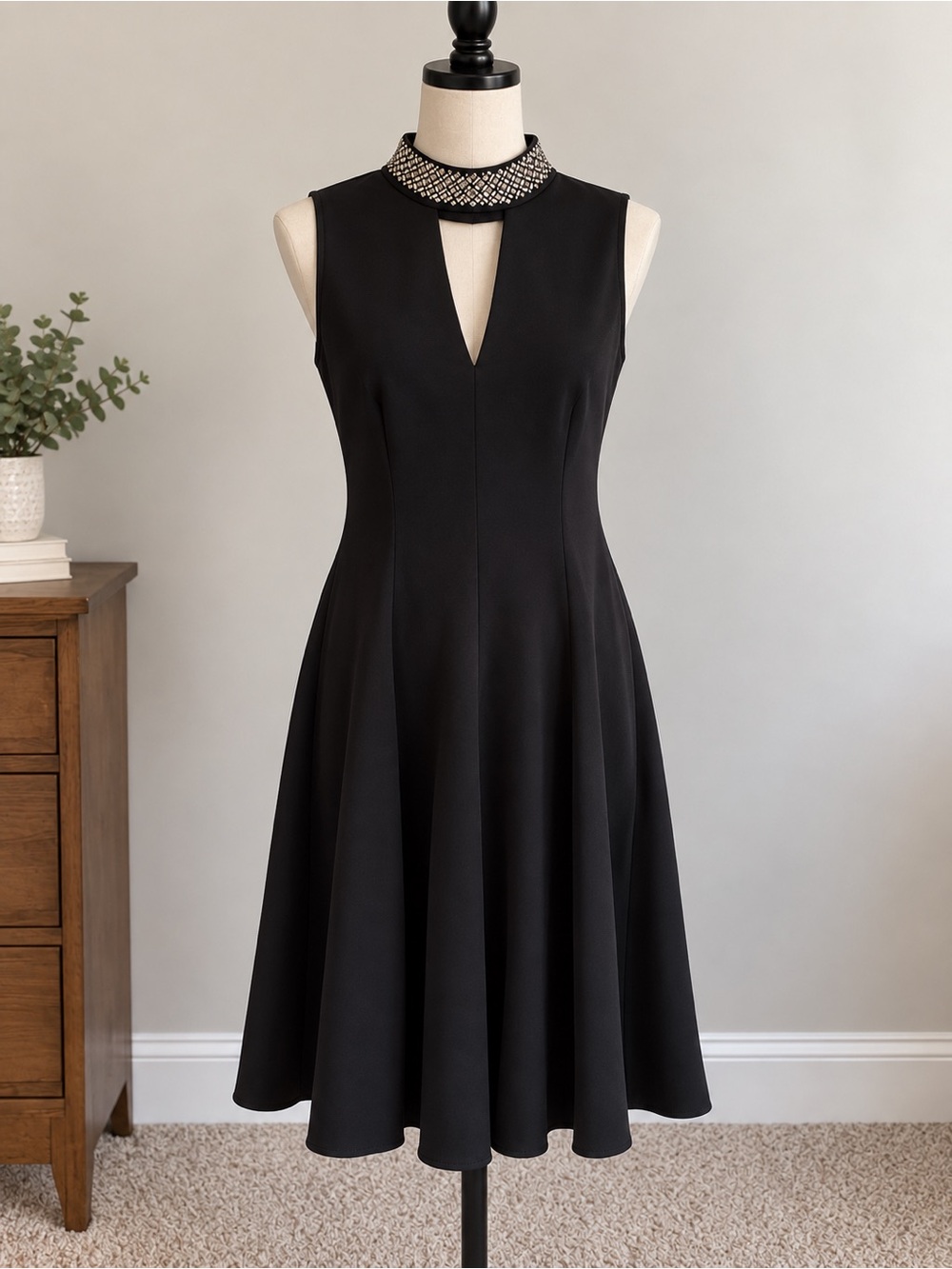 Calvin Klein Black Sleeveless Fit & Flare Dress with Embellished Collar